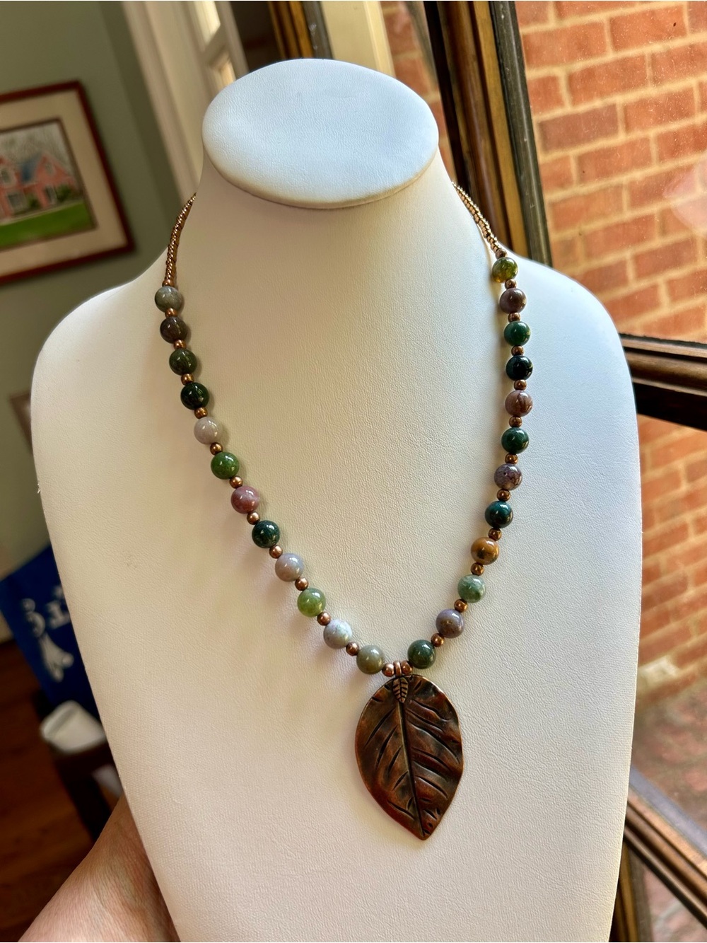 Handcrafted Ocean Jasper Bead Necklace with Leaf Pendant